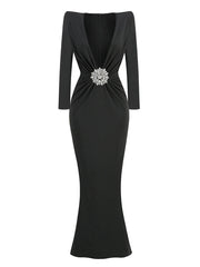 Deep V Neck Black Rhinestone Floor Long Dress