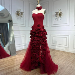 Red Flower Tulle Embroidered Strapless Maxi Dress