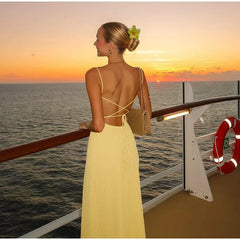 Lace Up Solid Color Open Back Long Dress