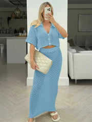 Knit Hollow Out Top and Long Skirt Suit