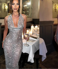 Sequins Crochet Halter Swinging Neck Long Dress