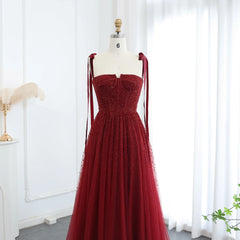 Beaded Wine Red Evening Gown with Straps