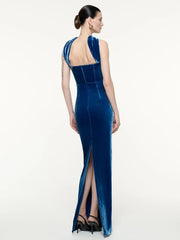 Blue Velvet Halter Sleeveless Maxi Dress