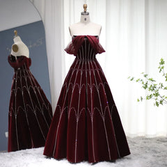 Burgundy Velvet Ball Gown Crystal Evening Dress
