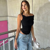 Twisted One Shoulder Asymmetrical Crop Tops Black