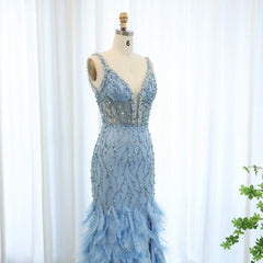 Blue Mermaid Evening Gown with Feather Details