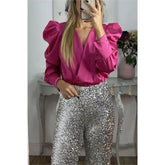 Satin Puff Long Sleeve Pleated Ruffled Tops