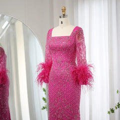 Fuchsia Feather Modest Long Sleeves Evening Gown