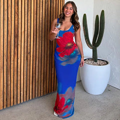 Floral Print Blue Sleeveless Backless Long Dress