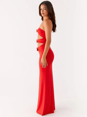 Metal Rose Hollow Out Off-shoulder Backless Long Dress