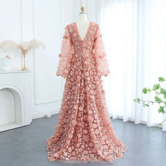 Peach-Pink 3D Flowers Bell Long Sleeves Prom Dress