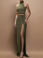 Beaded Diamond Two-Piece Crop Top Split Skirt Set