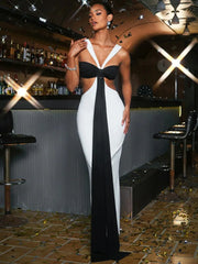 Patchwork Contrast Hollow Out Split Long Dress