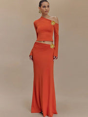 3D Floral-applique Long Sleeve Skirt Suit