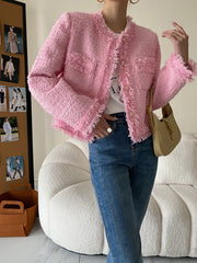 Pink Fringe Fur Shoulder Pad Tweed Blazer