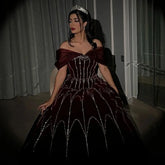 Burgundy Velvet Ball Gown Crystal Evening Dress