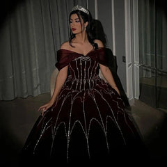 Burgundy Velvet Ball Gown Crystal Evening Dress