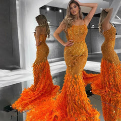 Spaghetti Strap Mermaid Feathers Beaded Prom Dress