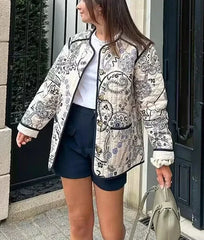 Cotton Printed Quilted Long Sleeve Patchwork Jacket