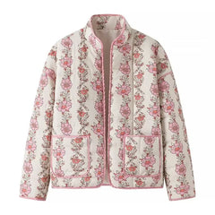 Pink Flower Print Stand neck Quilted Jacket