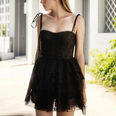 Mesh Bow Lacing up Black Mini Dress