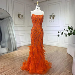 Spaghetti Strap Mermaid Feathers Beaded Prom Dress