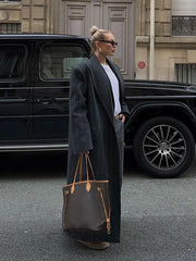 Lapel Striped Oversize Full Sleeve Long Coat