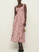 Floral Print Linen Square Collar Lace Up Mid Length Dress