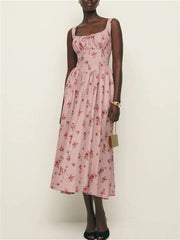 Floral Print Linen Square Collar Lace Up Mid Length Dress