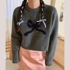 Cute Bow Knitted O neck Long Sleeve Sweater