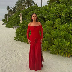 3D Flower-appliqué Mesh Long Sleeve Fishtail Maxi Dress