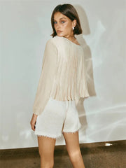 Patchwork Long Sleeve Lace-Up Top