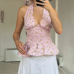 Floral Print/Swiss Dot Tie-Up Halter Backless Tops