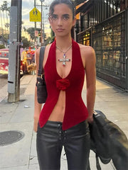 Halter Neck Sleeveless 3D Flower Solid Crop Top