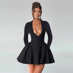 Deep V Long Sleeve Bodycon Mini Dress