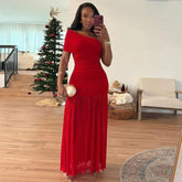 One Shoulder Mesh Solid Maxi Dress