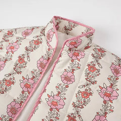 Pink Flower Print Stand neck Quilted Jacket
