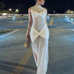 White See-Through Pleated Mesh Long Dress