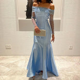 Off-Shoulder Blue Mermaid Long Sleeves Formal Gowns