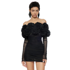 Black Mesh Full Sleeve Ruffles Mini Dress