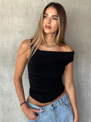 Twisted One Shoulder Asymmetrical Crop Tops Black