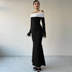 Black & White Off-the-Shoulder Maxi Dress with Long Sleeves