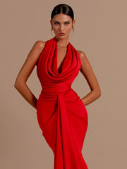 Swinging Collar Backless Pleated Red Stain Maxi Dress