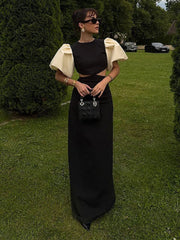 Patchwork Puff Sleeve Hollow Out Long Dress