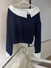 Irregular Skew Collar Contrasting Color Sweatshirt