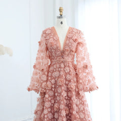 Blush Pink 3D Floral Evening Dress with Bell Sleeves