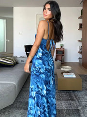 Halter Backless Blue Printed Lace-up Long Dress