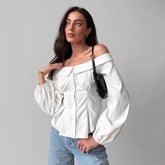 Off-Shoulder White Long Sleeved Blouse