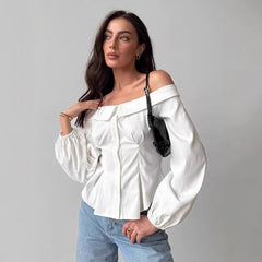 Off-Shoulder White Long Sleeved Blouse