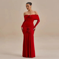 3D Flower-appliqué Mesh Long Sleeve Fishtail Maxi Dress